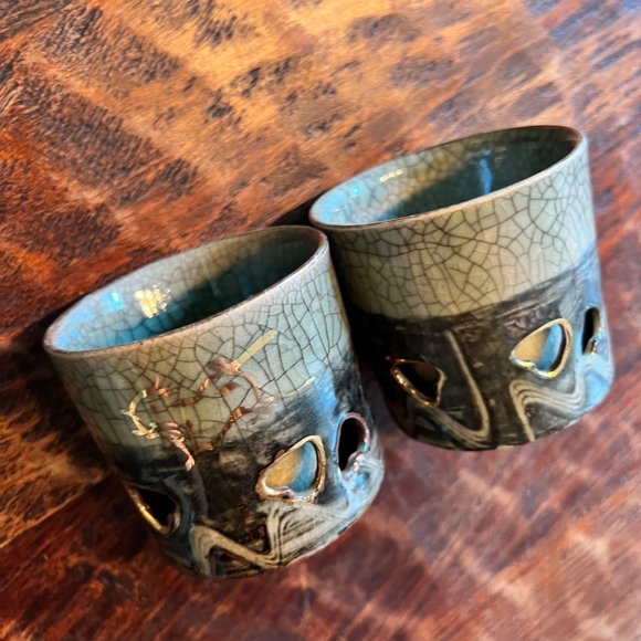 VTG Somayaki Soma Ware Green Crackle Double Tea Cups
